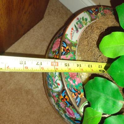 Colorful Asian Design Porcelain Planter with Artificial Ficus Tree