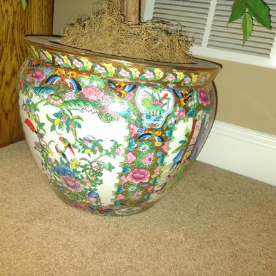 Colorful Asian Design Porcelain Planter with Artificial Ficus Tree
