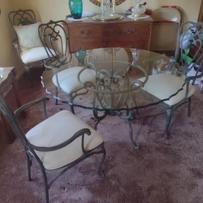 Thomasville Wrought Metal Five Piece Scalloped Edge Glass Top Table and Chair Set
