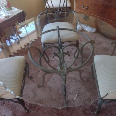 Thomasville Wrought Metal Five Piece Scalloped Edge Glass Top Table and Chair Set