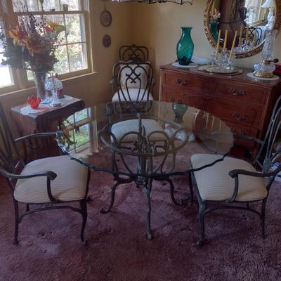 Thomasville Wrought Metal Five Piece Scalloped Edge Glass Top Table and Chair Set