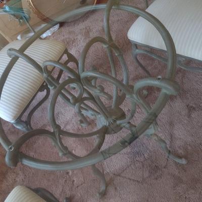 Thomasville Wrought Metal Five Piece Scalloped Edge Glass Top Table and Chair Set