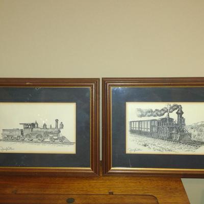 Pair of Locomotive Theme Prints by Jerry Miller- Framed Under Glass- Approx 10 1/2" x 13 1/2"