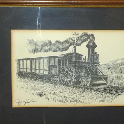 Pair of Locomotive Theme Prints by Jerry Miller- Framed Under Glass- Approx 10 1/2" x 13 1/2"