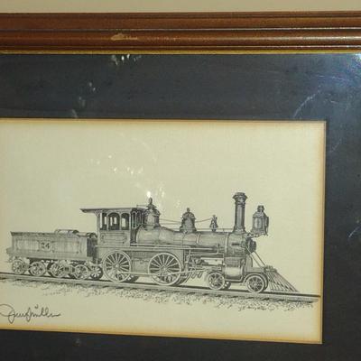 Pair of Locomotive Theme Prints by Jerry Miller- Framed Under Glass- Approx 10 1/2" x 13 1/2"