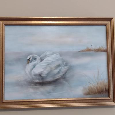 Swan Design Painting by Local Artist- Framed Under Glass- Approx 11" x 15"