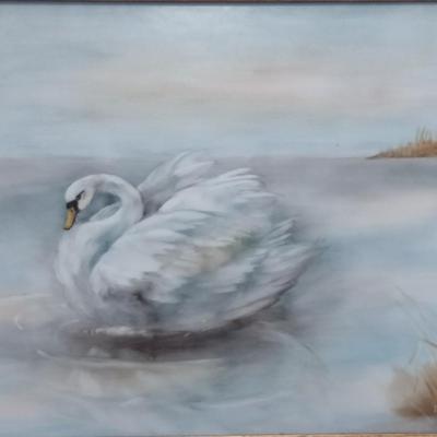 Swan Design Painting by Local Artist- Framed Under Glass- Approx 11" x 15"