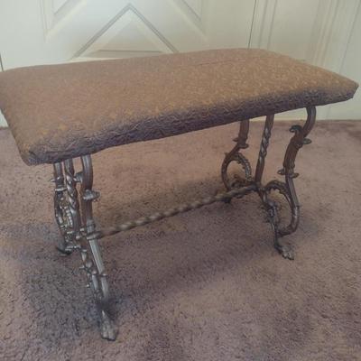 Vintage Cast Metal Base Upholstered Seat Bench