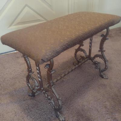 Vintage Cast Metal Base Upholstered Seat Bench