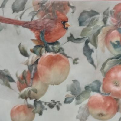 Cardinal and Apples Painting by Local Artist- Framed Under Glass- Approx 14 1/2" x 12 1/2"