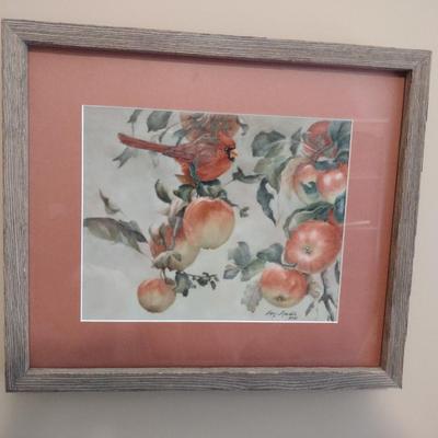 Cardinal and Apples Painting by Local Artist- Framed Under Glass- Approx 14 1/2" x 12 1/2"