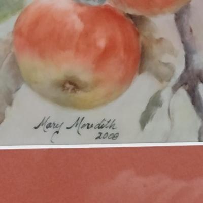 Cardinal and Apples Painting by Local Artist- Framed Under Glass- Approx 14 1/2" x 12 1/2"
