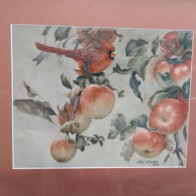 Cardinal and Apples Painting by Local Artist- Framed Under Glass- Approx 14 1/2" x 12 1/2"