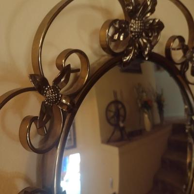 Mid Century Brass Wall Mirror with Floral Accents