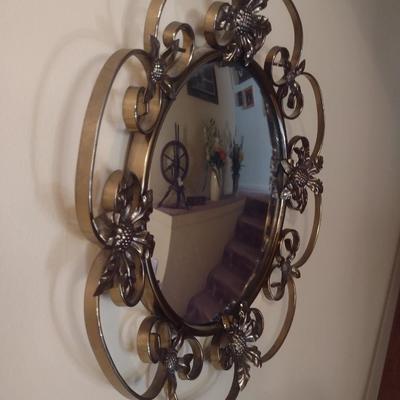 Mid Century Brass Wall Mirror with Floral Accents