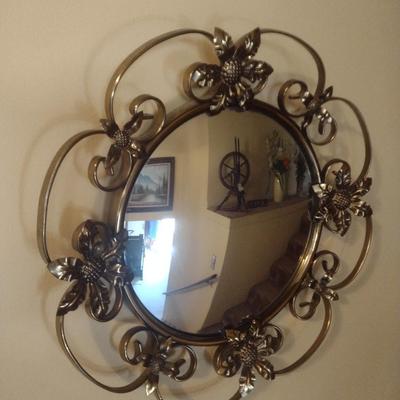 Mid Century Brass Wall Mirror with Floral Accents