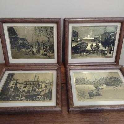 Set of Four Framed Gold Foil Etchings by Lionel Barrymore- Approx 8 1/2" x 10"