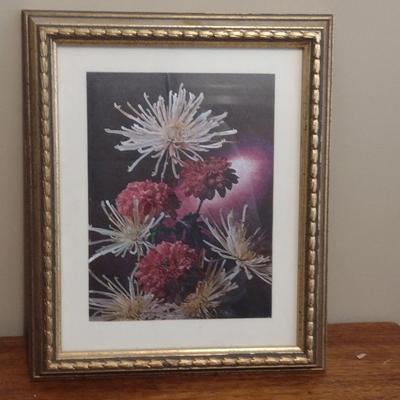 Dufex Foil Chrysanthemums Print- Framed Under Glass- Approx 9 3/4" x 12"