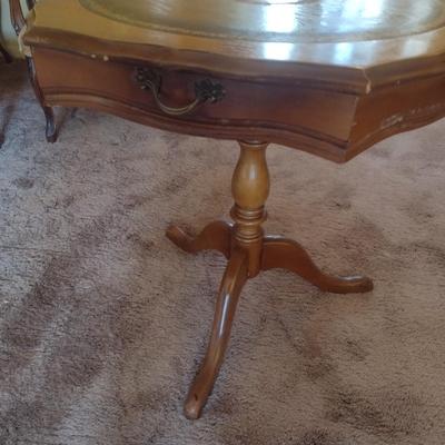 Mid Century Hexagonal Pedestal Side Table with Leather Inlay Top