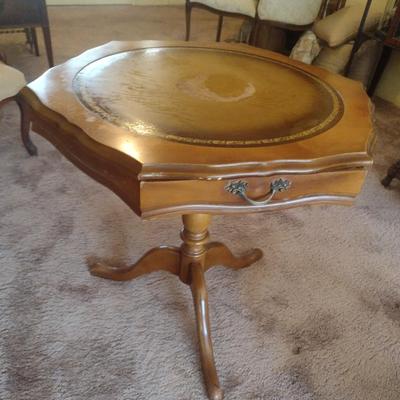 Mid Century Hexagonal Pedestal Side Table with Leather Inlay Top