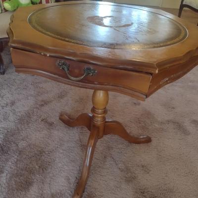 Mid Century Hexagonal Pedestal Side Table with Leather Inlay Top