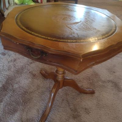 Mid Century Hexagonal Pedestal Side Table with Leather Inlay Top