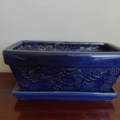 Glazed Ceramic Planter with Attached Under Plate- Approx 12" x 6" x 5 1/2" Tall