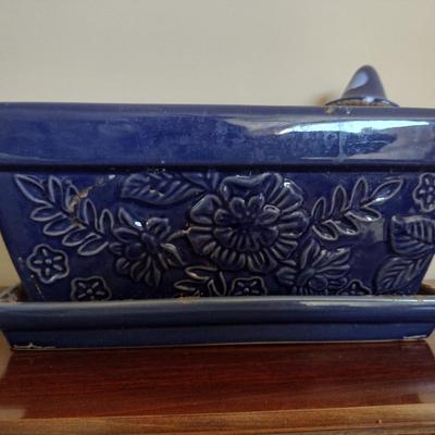Glazed Ceramic Planter with Attached Under Plate- Approx 12" x 6" x 5 1/2" Tall