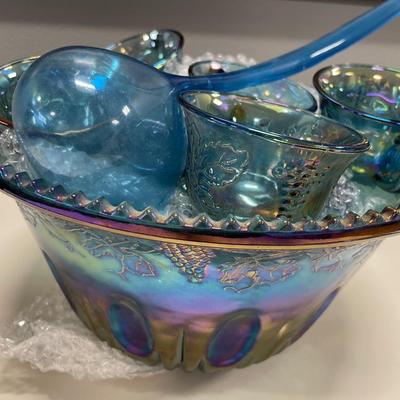 Indiana Glass blue carnival punch bowl with ladle
