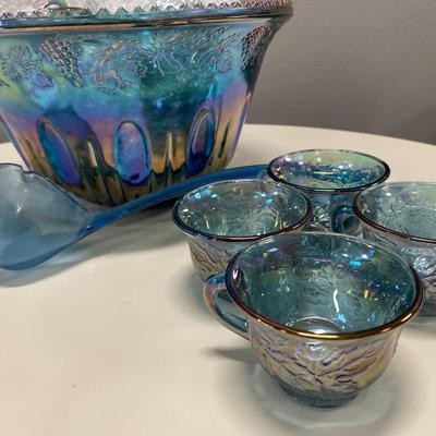 Indiana Glass blue carnival punch bowl with ladle