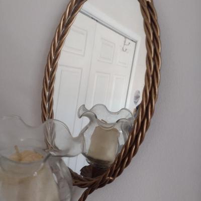 Pair of Matching Vintage Candle and Mirror Wall Sconces with Brass Rope Design