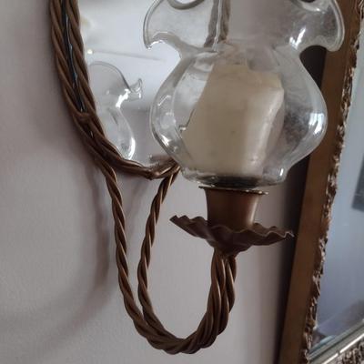 Pair of Matching Vintage Candle and Mirror Wall Sconces with Brass Rope Design