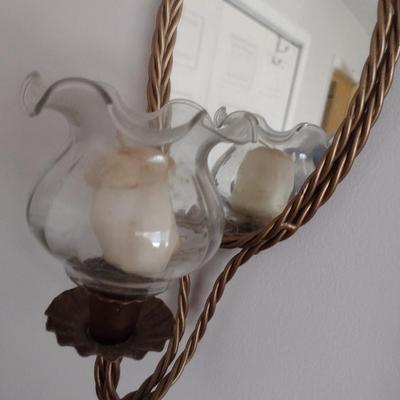 Pair of Matching Vintage Candle and Mirror Wall Sconces with Brass Rope Design