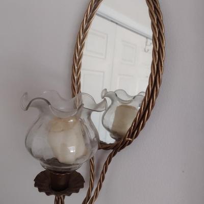 Pair of Matching Vintage Candle and Mirror Wall Sconces with Brass Rope Design