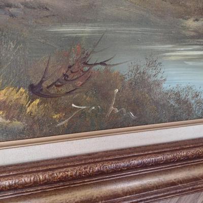 Original Framed Art on Canvas Riverbank Scene Signed John