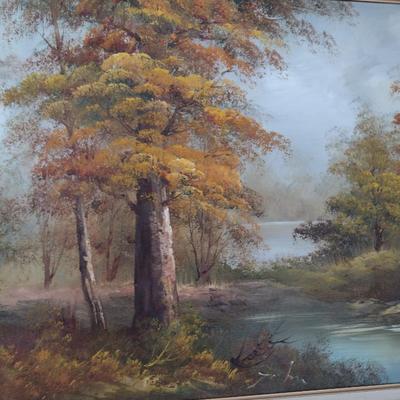 Original Framed Art on Canvas Riverbank Scene Signed John