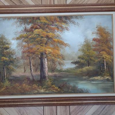 Original Framed Art on Canvas Riverbank Scene Signed John