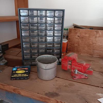 COLUMBIAN D63 1/2 SWIVEL BENCH VISE, DRAWER ORGANIZER AND SOME HARDWARE