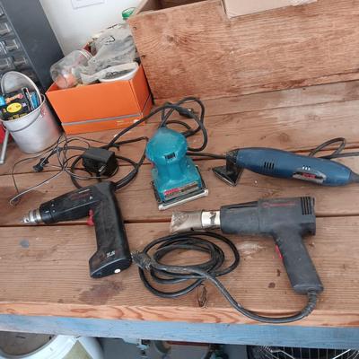 HEAT GUN, DETAIL SANDER, PALM SANDER AND RECHARGEABLE 3/8" DRILL DRIVER