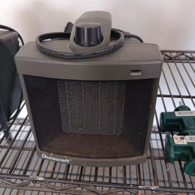 2 SMALL DURACRAFT ELECTRIC HEATERS, NEW MULTI OUTLET SURGE PROTECTOR AND NEW TIMER