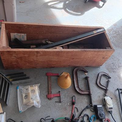 LARGE WOODEN BOS, BUNGEE CORDS, C-CLAMPS AND MORE