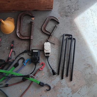 LARGE WOODEN BOS, BUNGEE CORDS, C-CLAMPS AND MORE