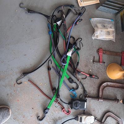 LARGE WOODEN BOS, BUNGEE CORDS, C-CLAMPS AND MORE
