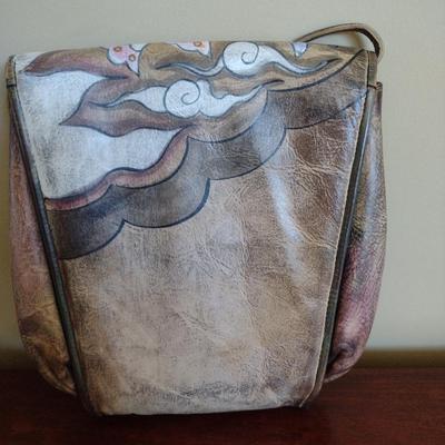 Jane Yoo Hand Painted Leather Crossbody Bag- Butterfly Design- Signed by Artist