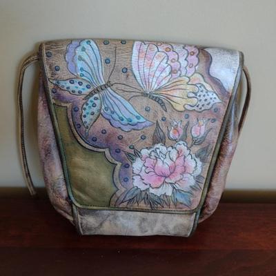 Jane Yoo Hand Painted Leather Crossbody Bag- Butterfly Design- Signed by Artist
