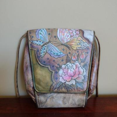 Jane Yoo Hand Painted Leather Crossbody Bag- Butterfly Design- Signed by Artist