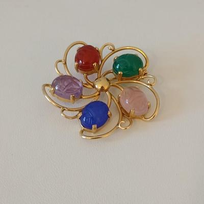 14 Karat Yellow Gold Scarab Gemstone Brooch with Scroll Design- Approx 1 1/4" in Diameter