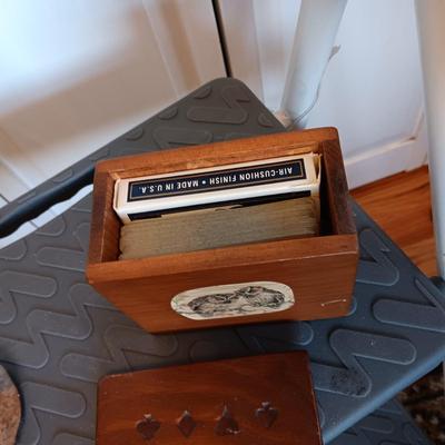STEP STOOL, DESK LAMP, WOODEN BOX FOR CARDS AND SHINY ROCK SCULPTURE