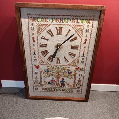 NEEDLEPOINT ELECTRIC CLOCK, WASH BOWL AND PITCHER, PAPER WEIGHT AND MORE