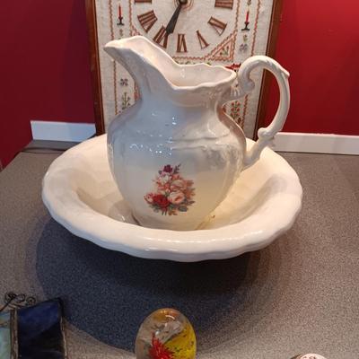 NEEDLEPOINT ELECTRIC CLOCK, WASH BOWL AND PITCHER, PAPER WEIGHT AND MORE